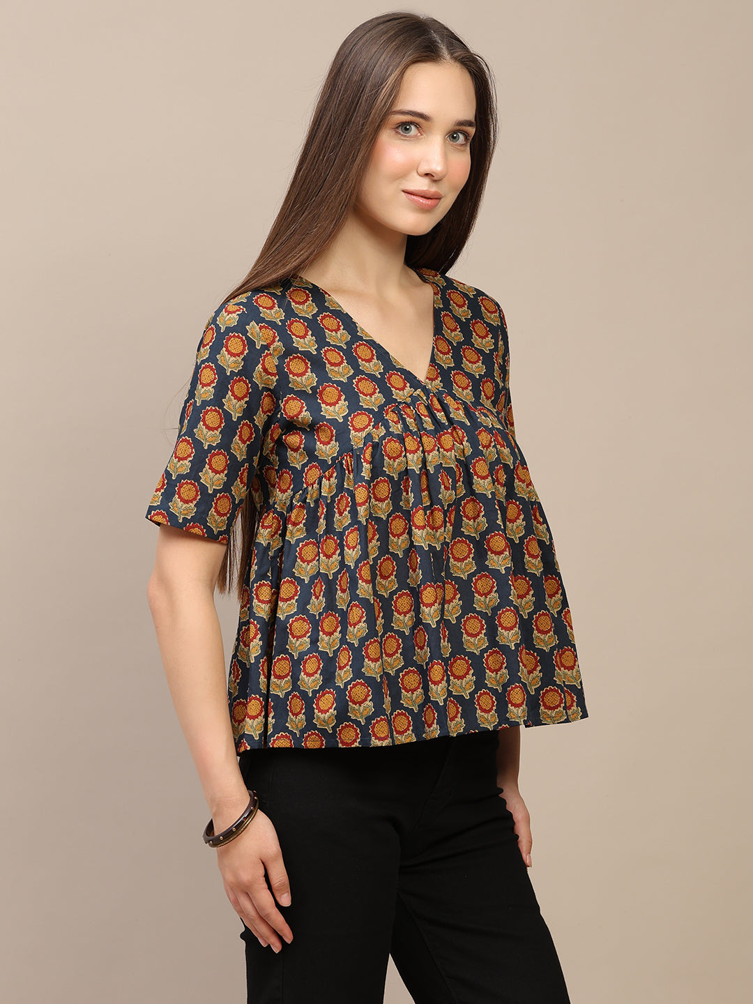 Navy Blue Printed Half-Sleeve Alia-Cut Cotton Top
