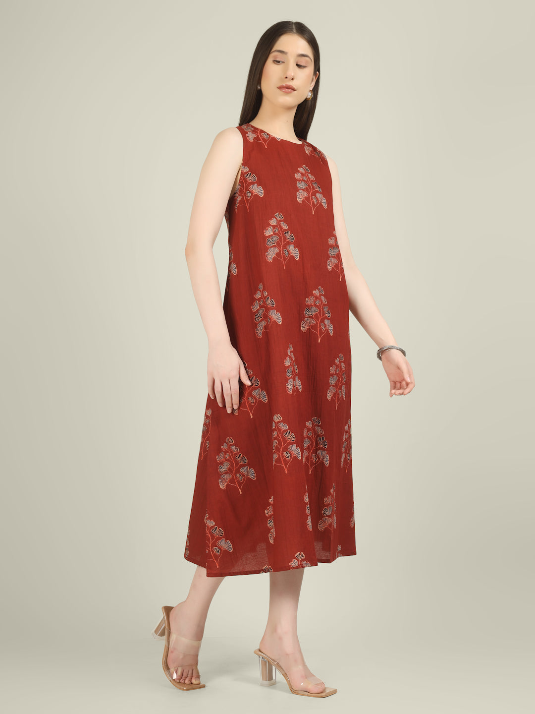 Maroon Printed Sleeveless A-Line Cotton Dress