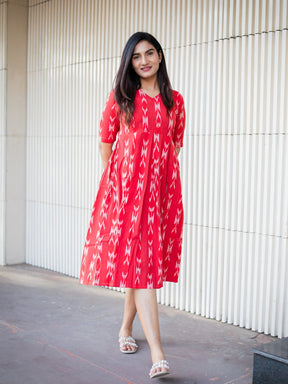 Handloom Cotton Red Ikkat Dress