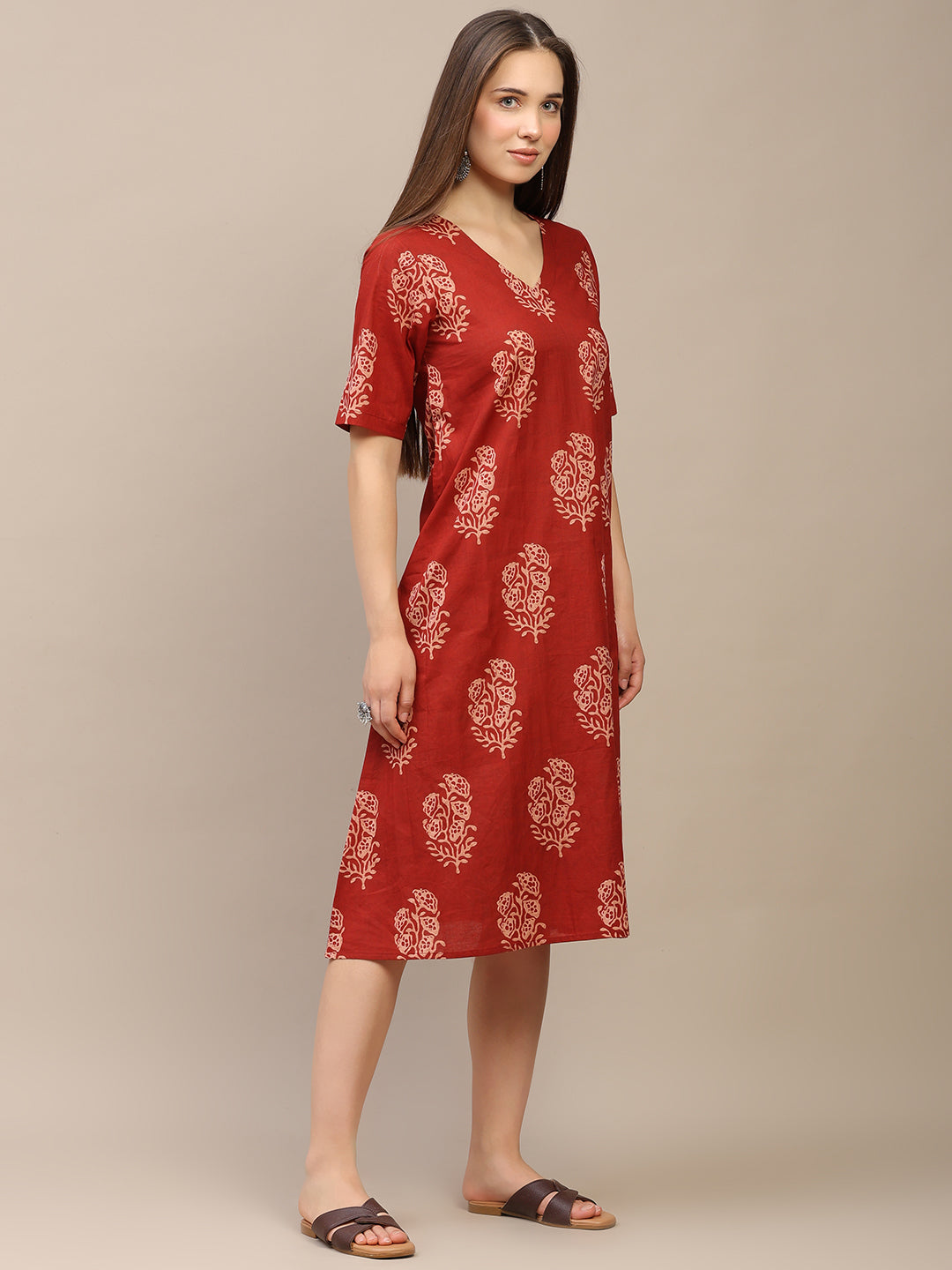 Red Printed Half-Sleeve A-Line Cotton Dress