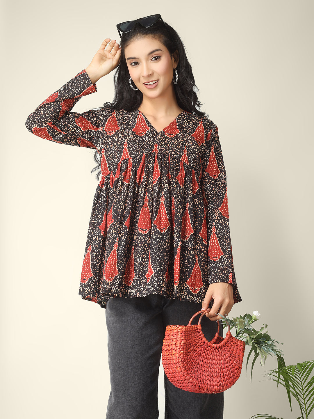 Black Printed Alia-Cut Cotton Peplum Top