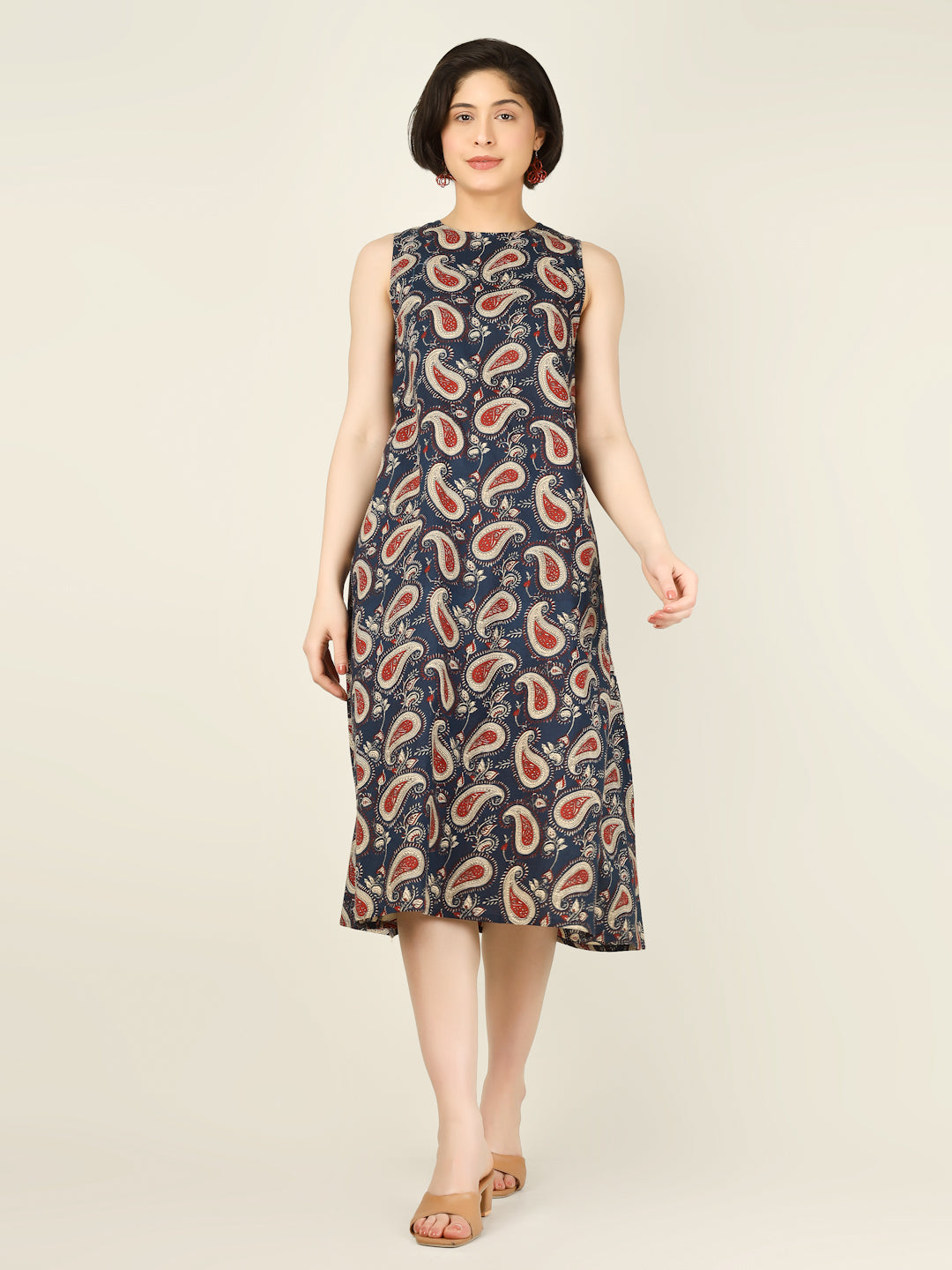 Navy Blue Printed Sleeveless A-Line Cotton Dress