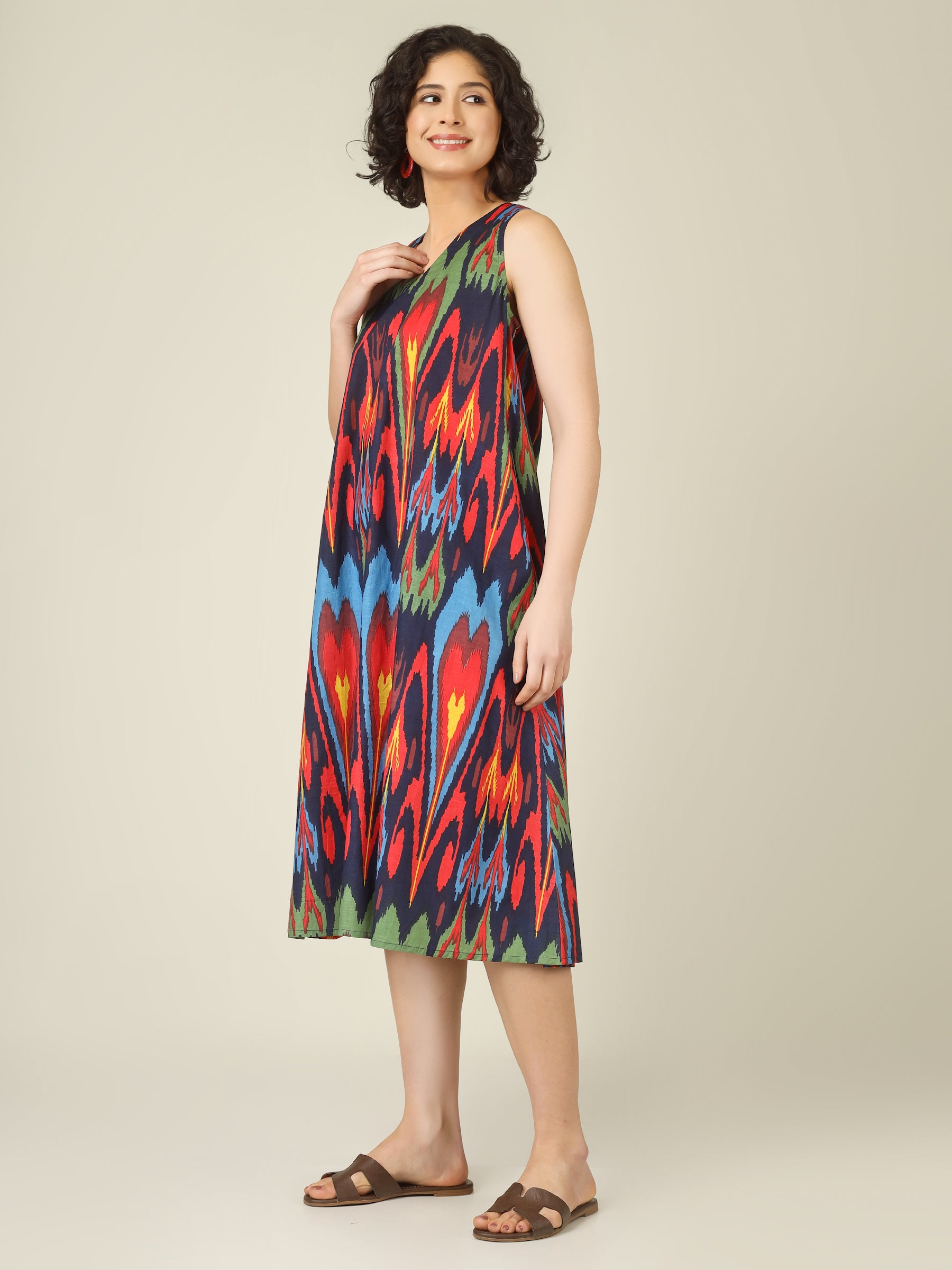 Navy Blue Printed V-Neck Sleeveless A-Line Cotton Dress
