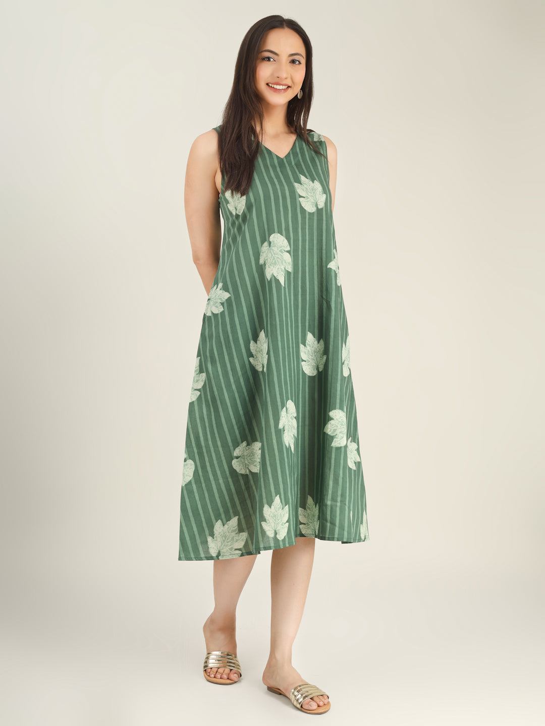 Green Printed Sleeveless V-Neck A-Line Cotton Dress