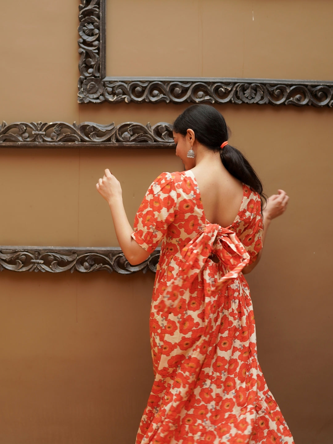 Cream and Orange Printed Long Cotton Dress