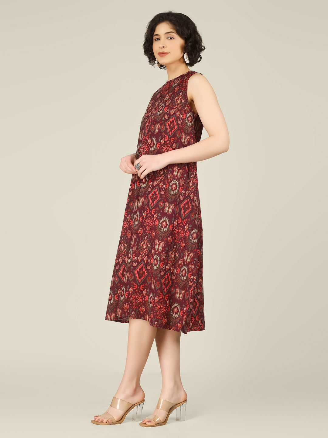 Wine Printed Sleeveless A-Line Cotton Dress