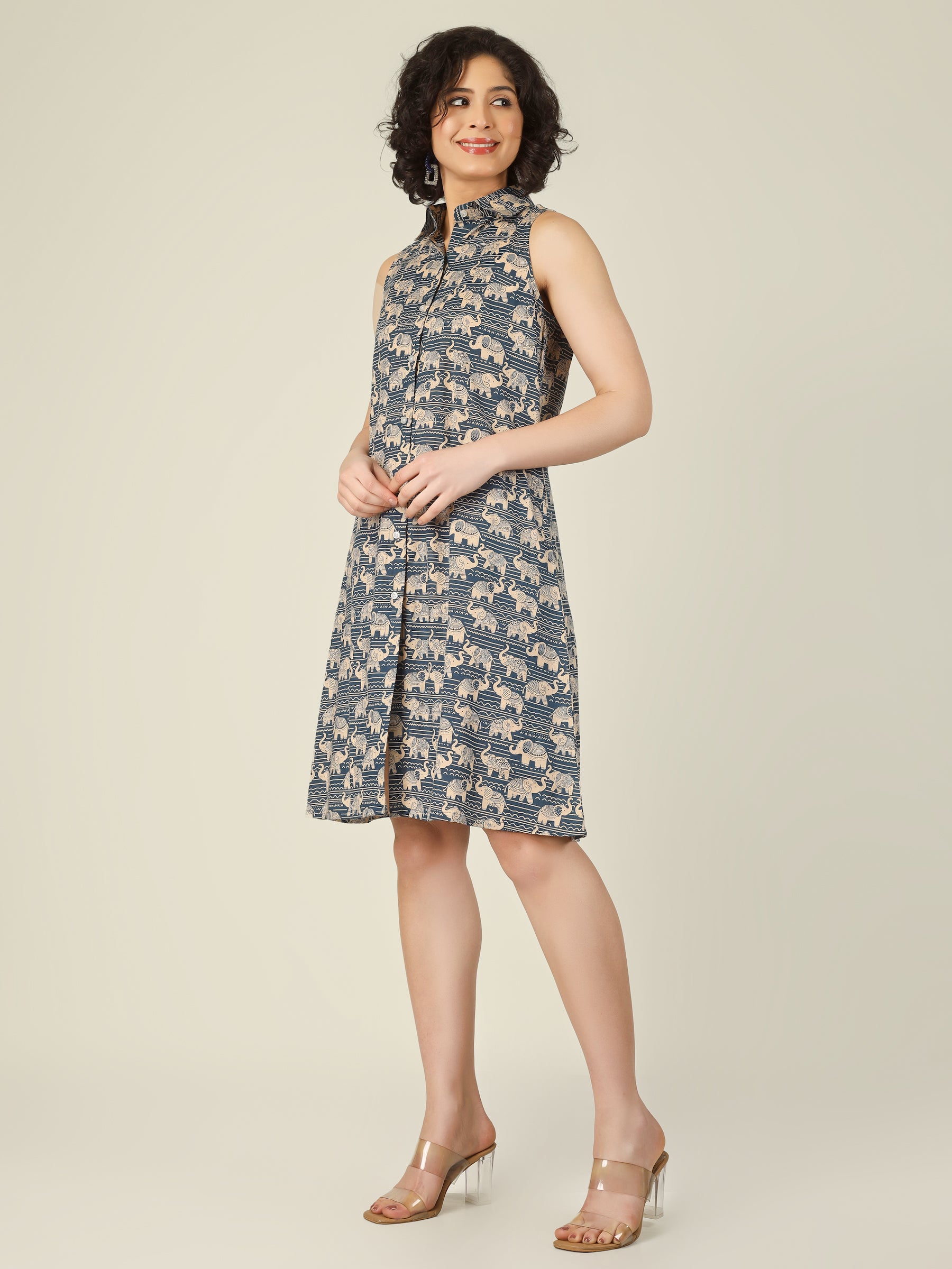 Blue Printed Short Sleeveless Cotton Shirt Dress