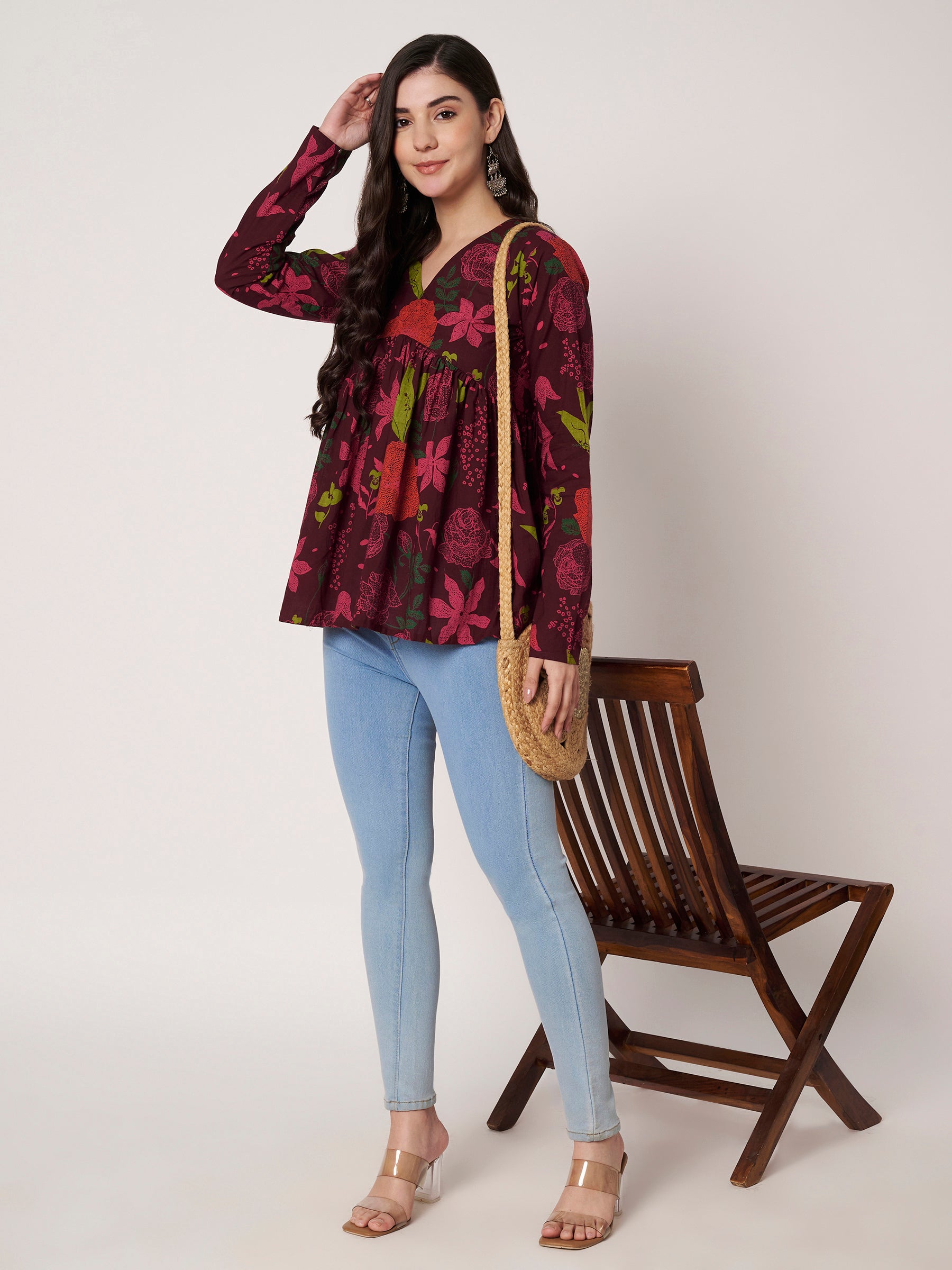 Wine Printed Alia-Cut Cotton Top