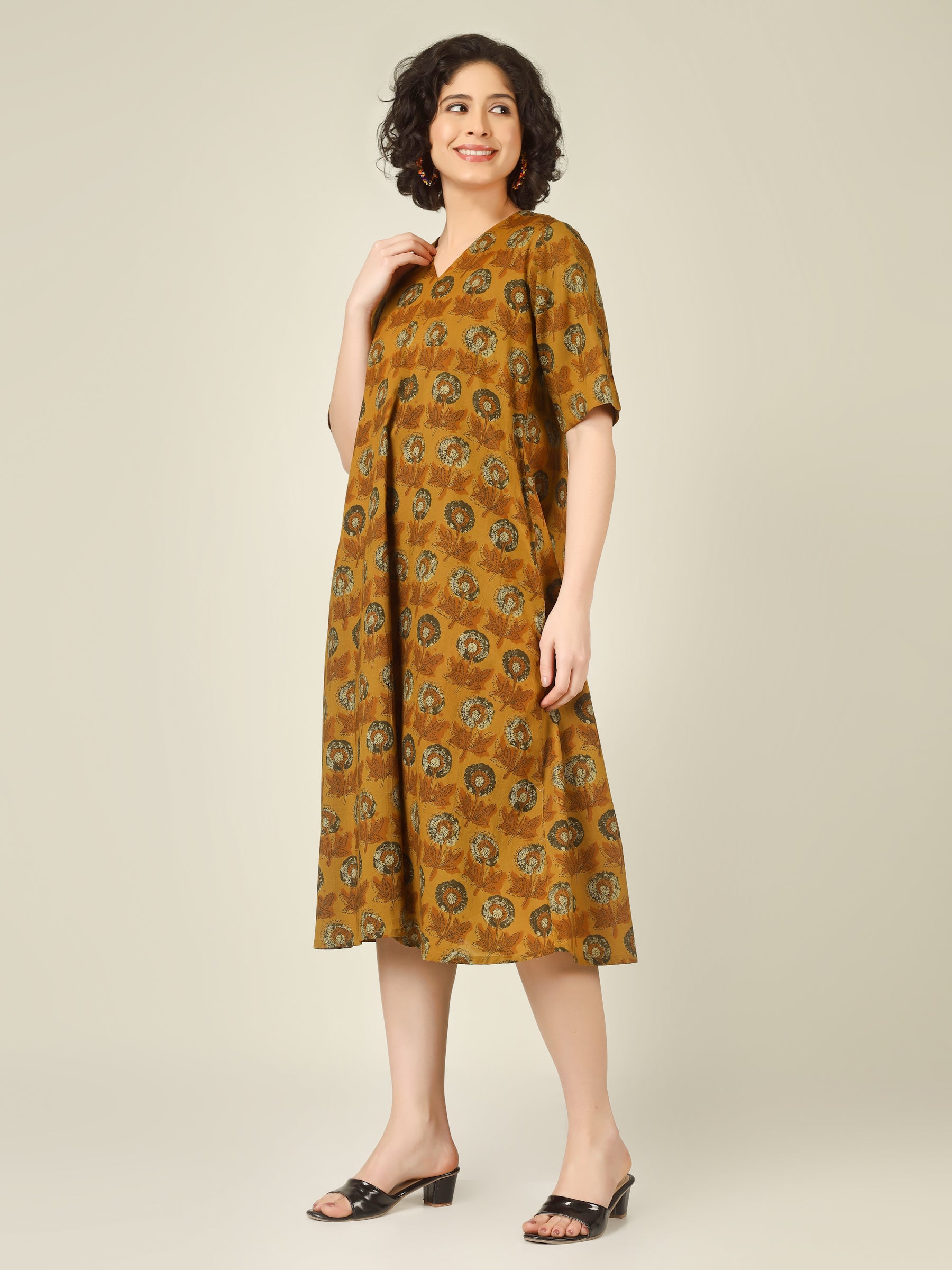 Mustard Printed Half-Sleeve A-Line Cotton Dress