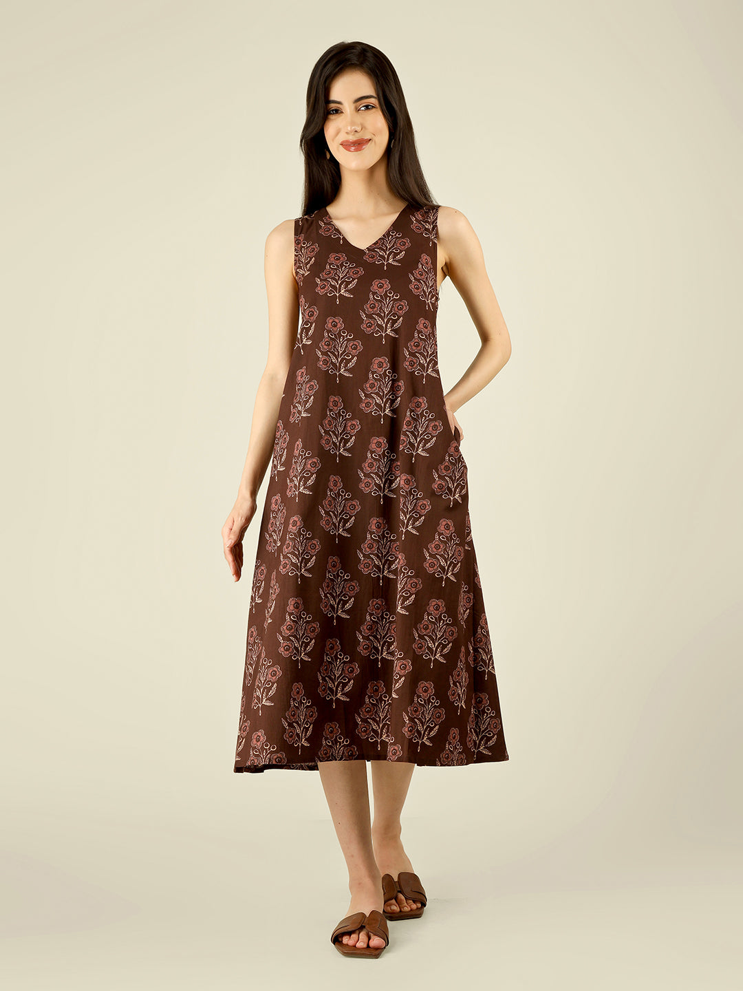 Brown Printed V-Neck Sleeveless A-Line Cotton Dress