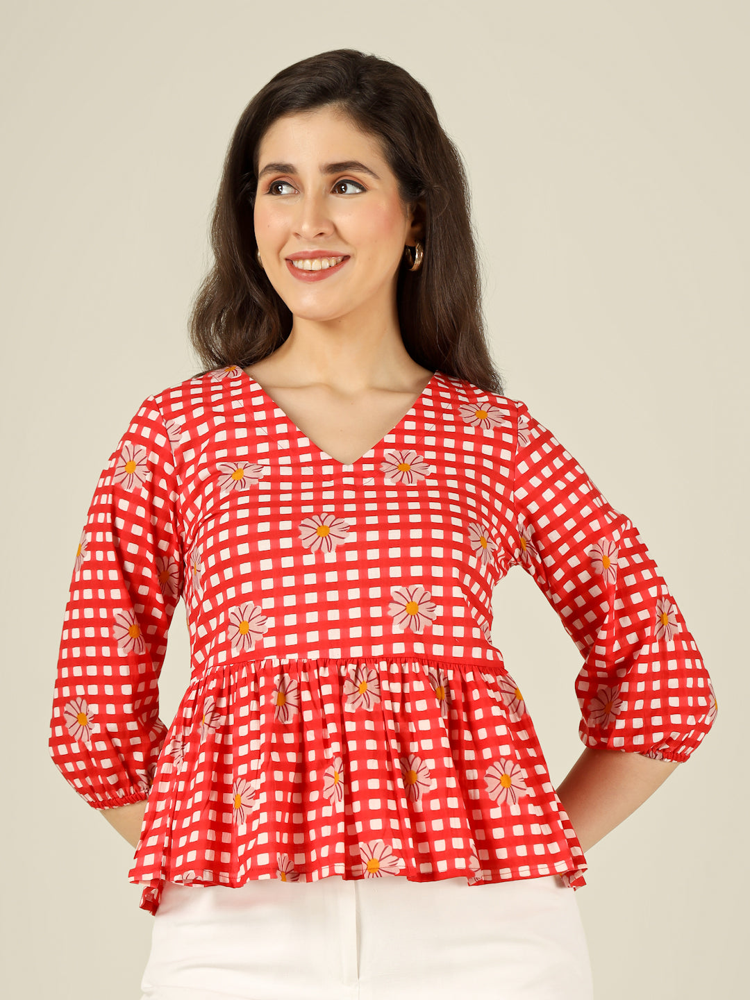Red Checked Cotton Peplum Top