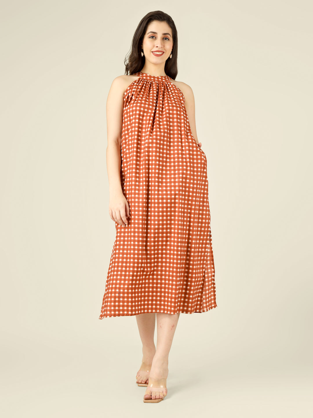 Brown Checked Halter Neck Long Sleeveless Cotton Dress