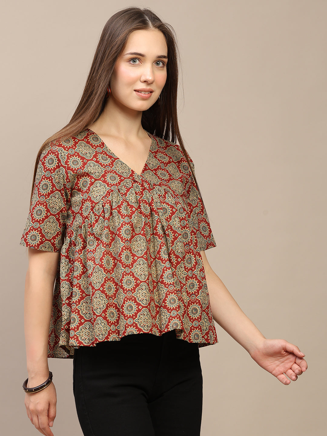 Maroon Printed Half-Sleeve Alia-Cut Cotton Top