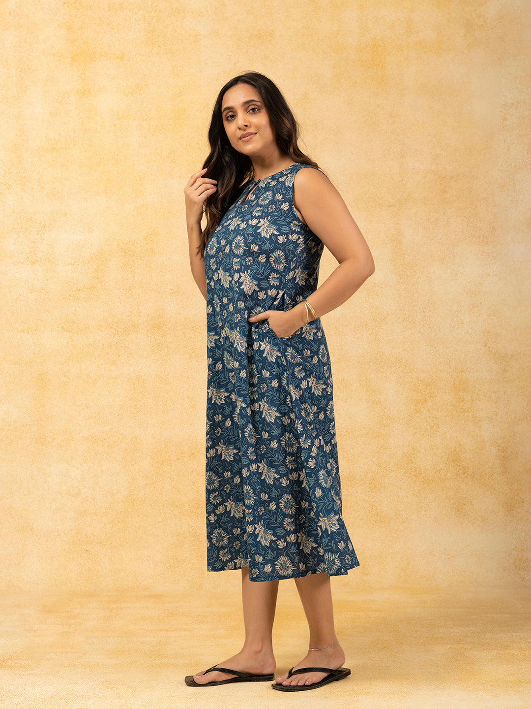 Blue Printed A-Line Sleeveless Cotton Dress