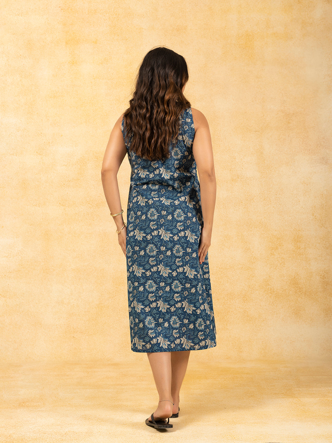 Blue Printed A-Line Sleeveless Cotton Dress