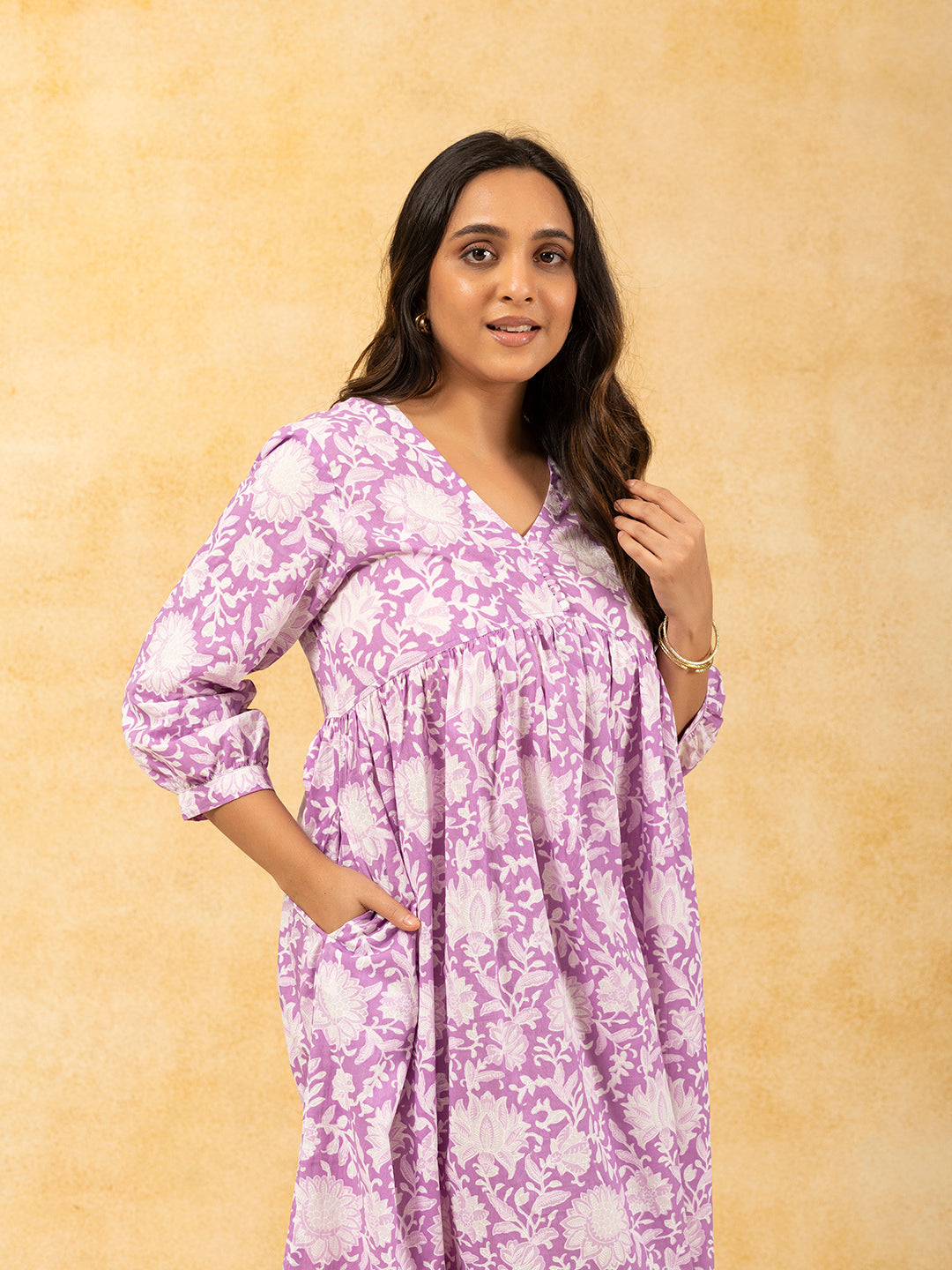 Lavender Printed Flared Cotton Dress