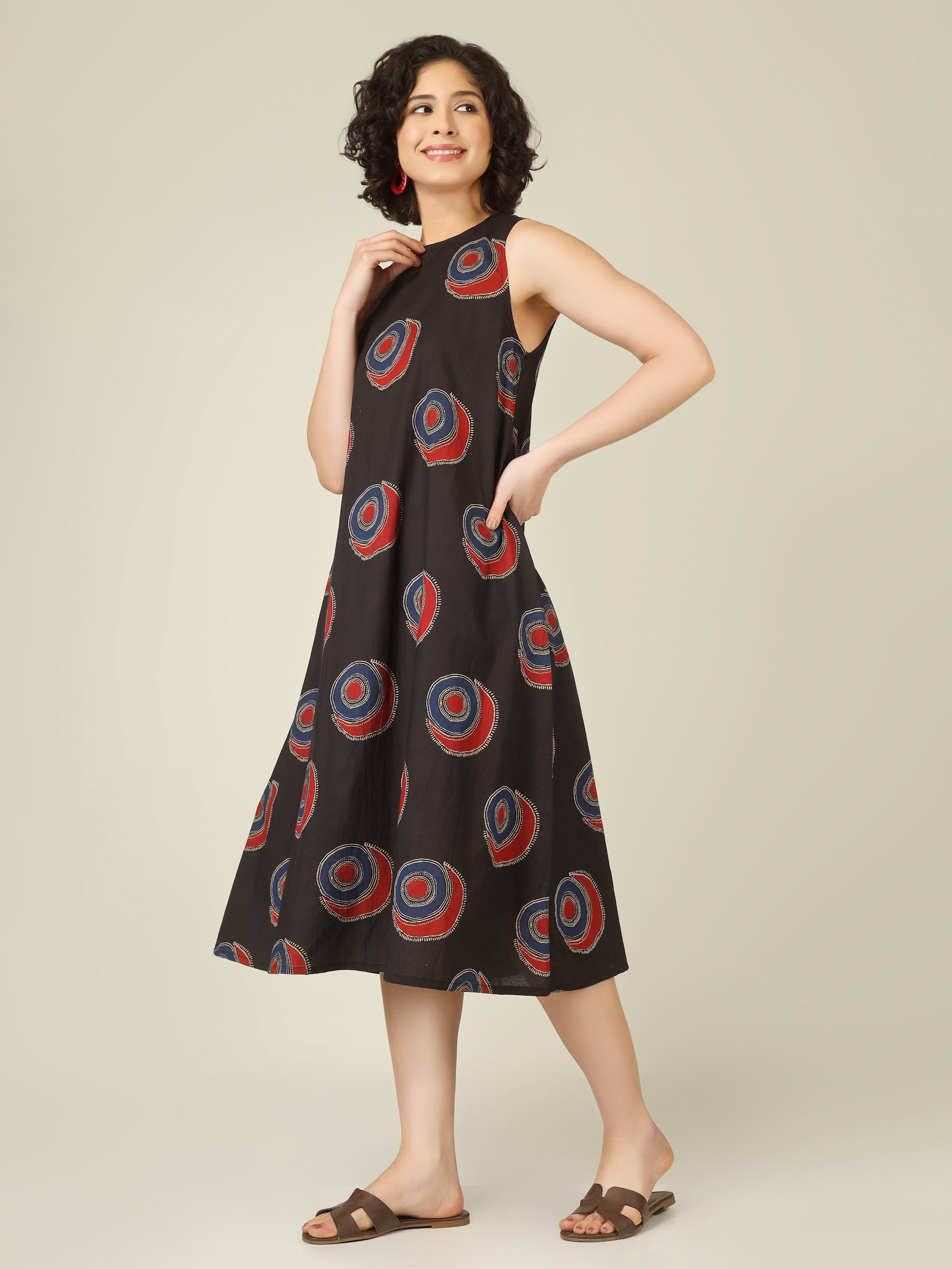 Black Printed Sleeveless A-Line Cotton Dress