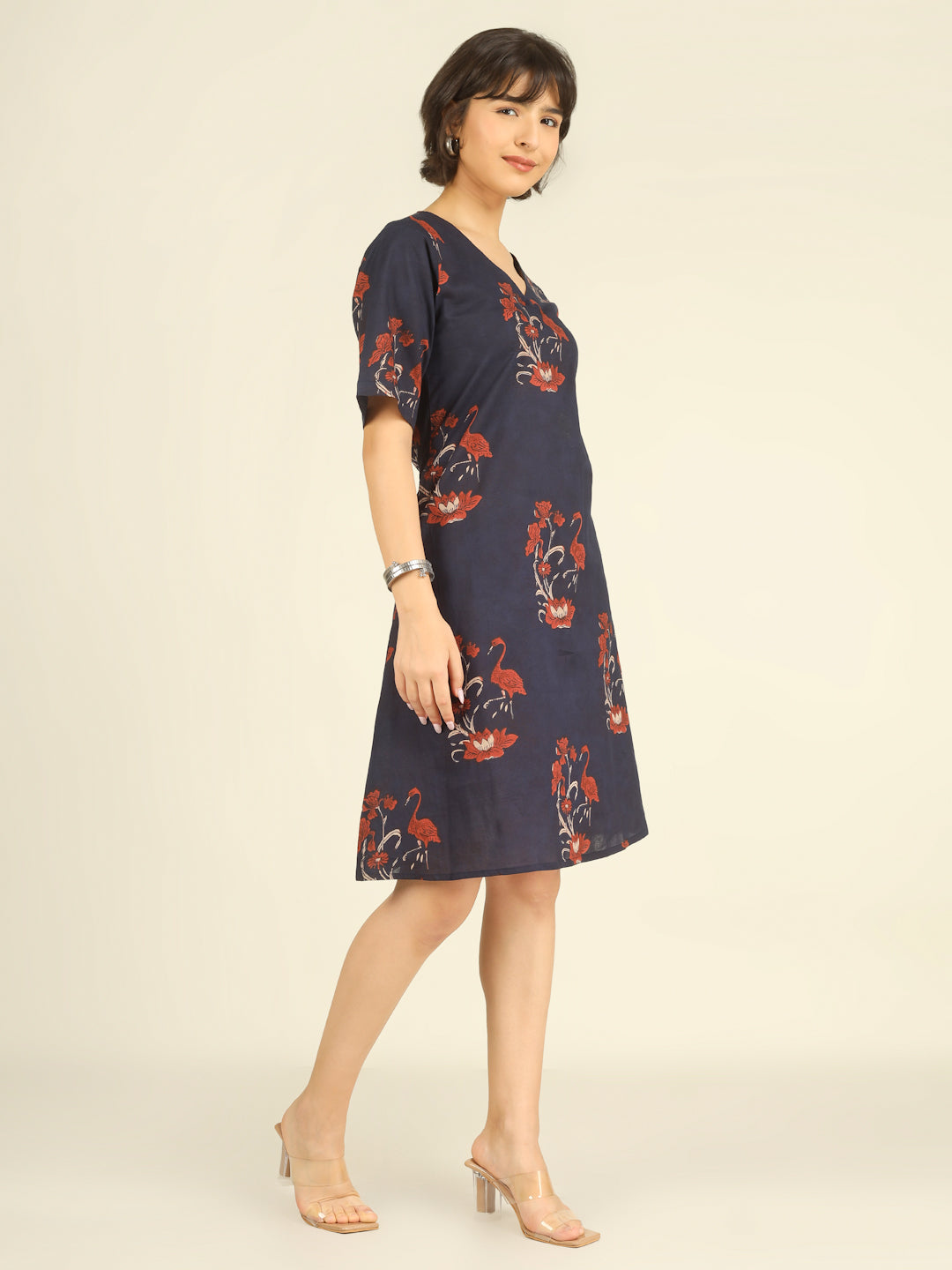 Navy Blue Printed Half-Sleeve A-Line Short Cotton Dress