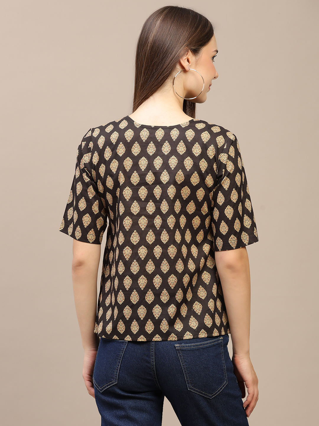 Black Printed Half-Sleeve Peplum Top