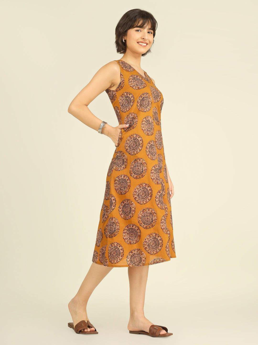 Mustard Printed V-Neck Sleeveless A-Line Cotton Dress