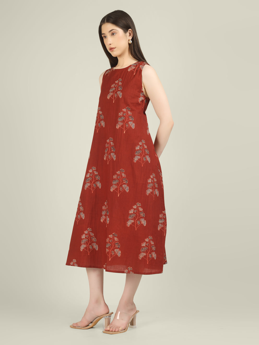 Maroon Printed Sleeveless A-Line Cotton Dress