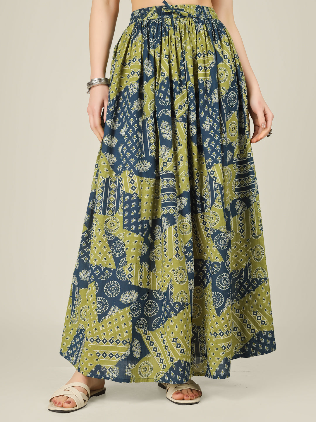 Green and Blue Printed Cotton Maxi Skirt