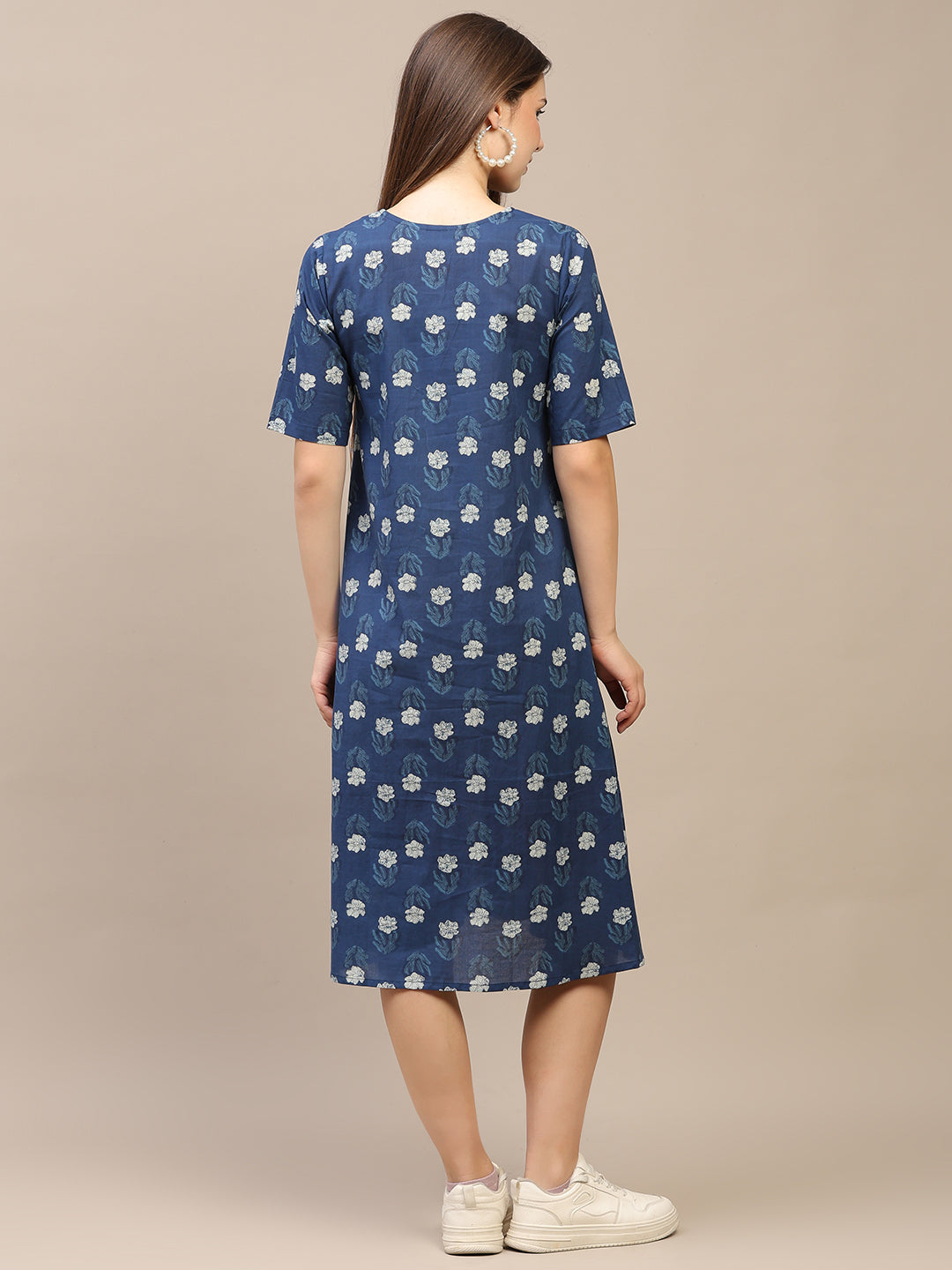 Blue Printed Half-Sleeve A-Line Cotton Dress
