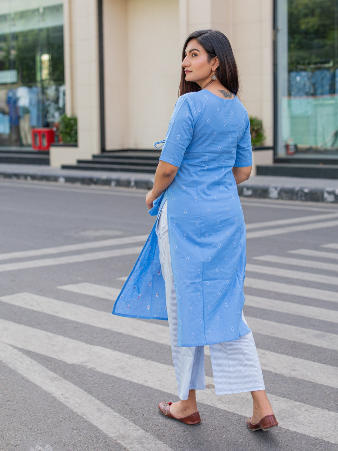 Handloom Cotton Blue Angrakha Kurta Set