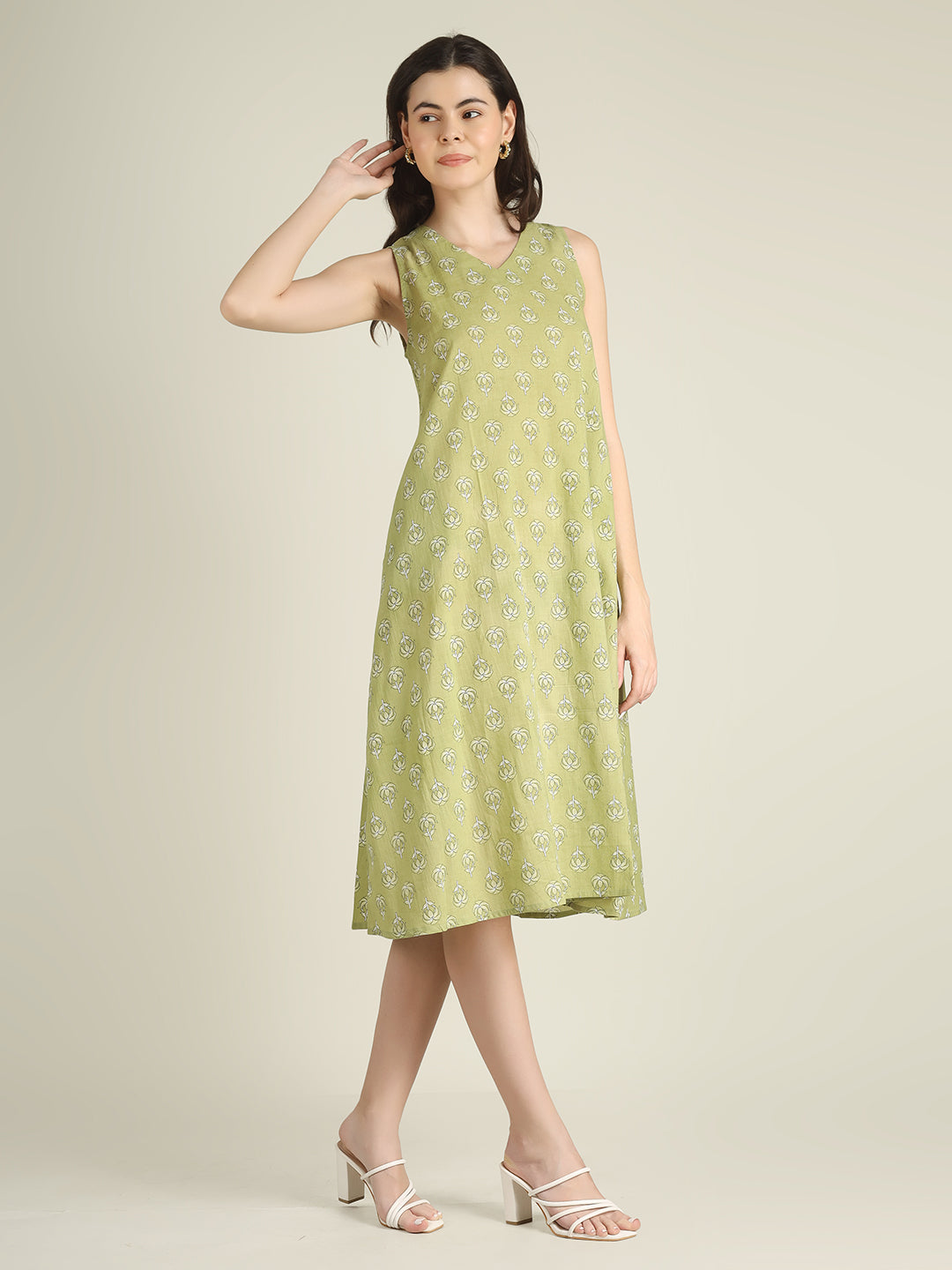 Green Printed Sleeveless V-Neck A-Line Cotton Dress