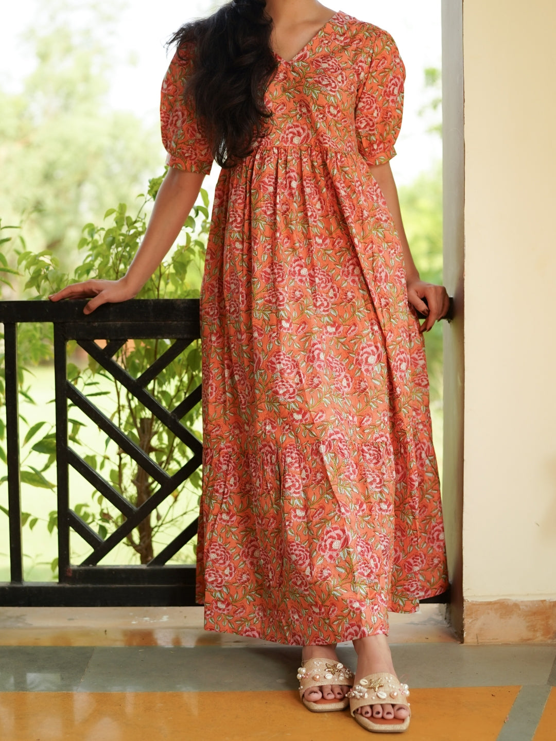 Light Orange Printed Long Cotton Dress