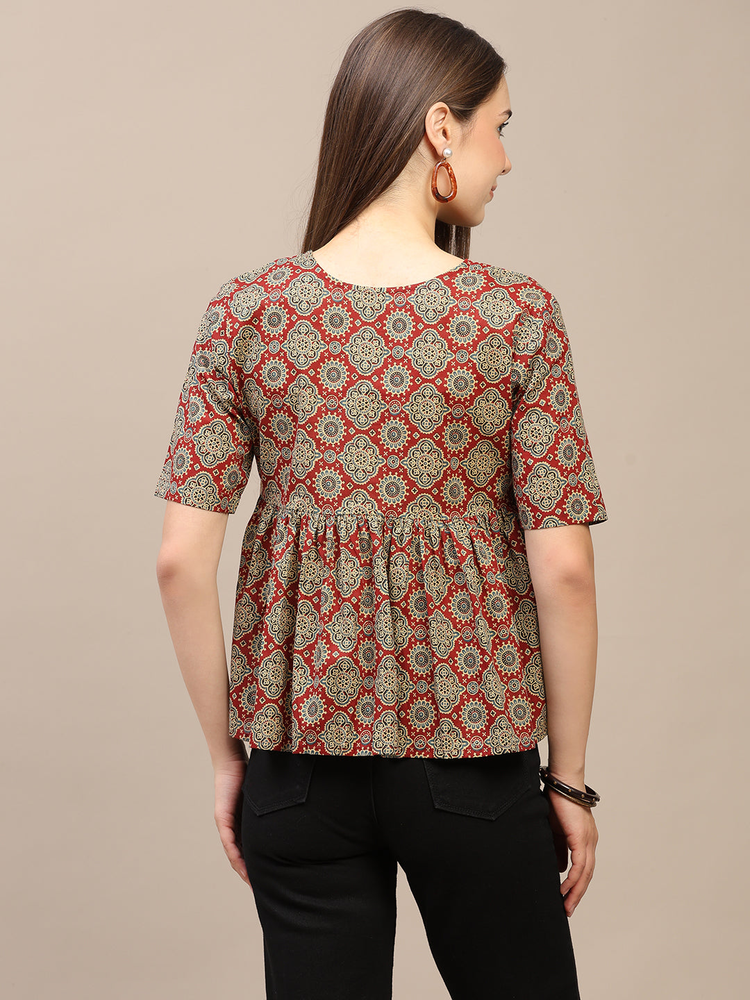 Maroon Printed Half-Sleeve Alia-Cut Cotton Top