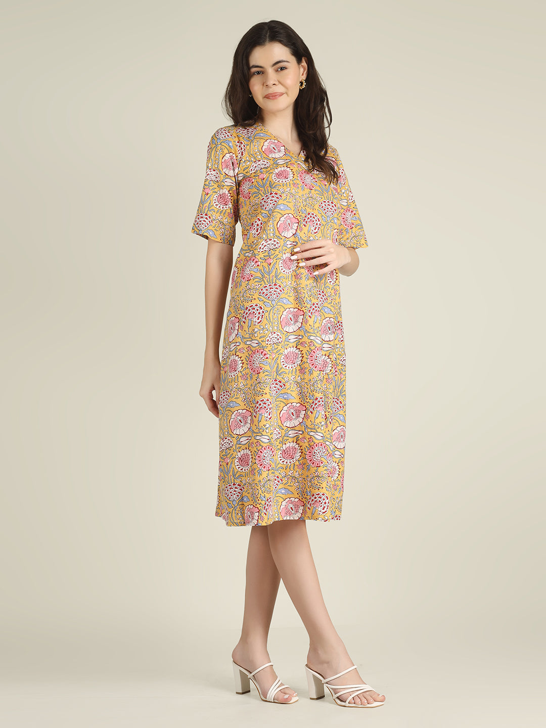 Yellow Printed Half-Sleeve A-Line Cotton Dress