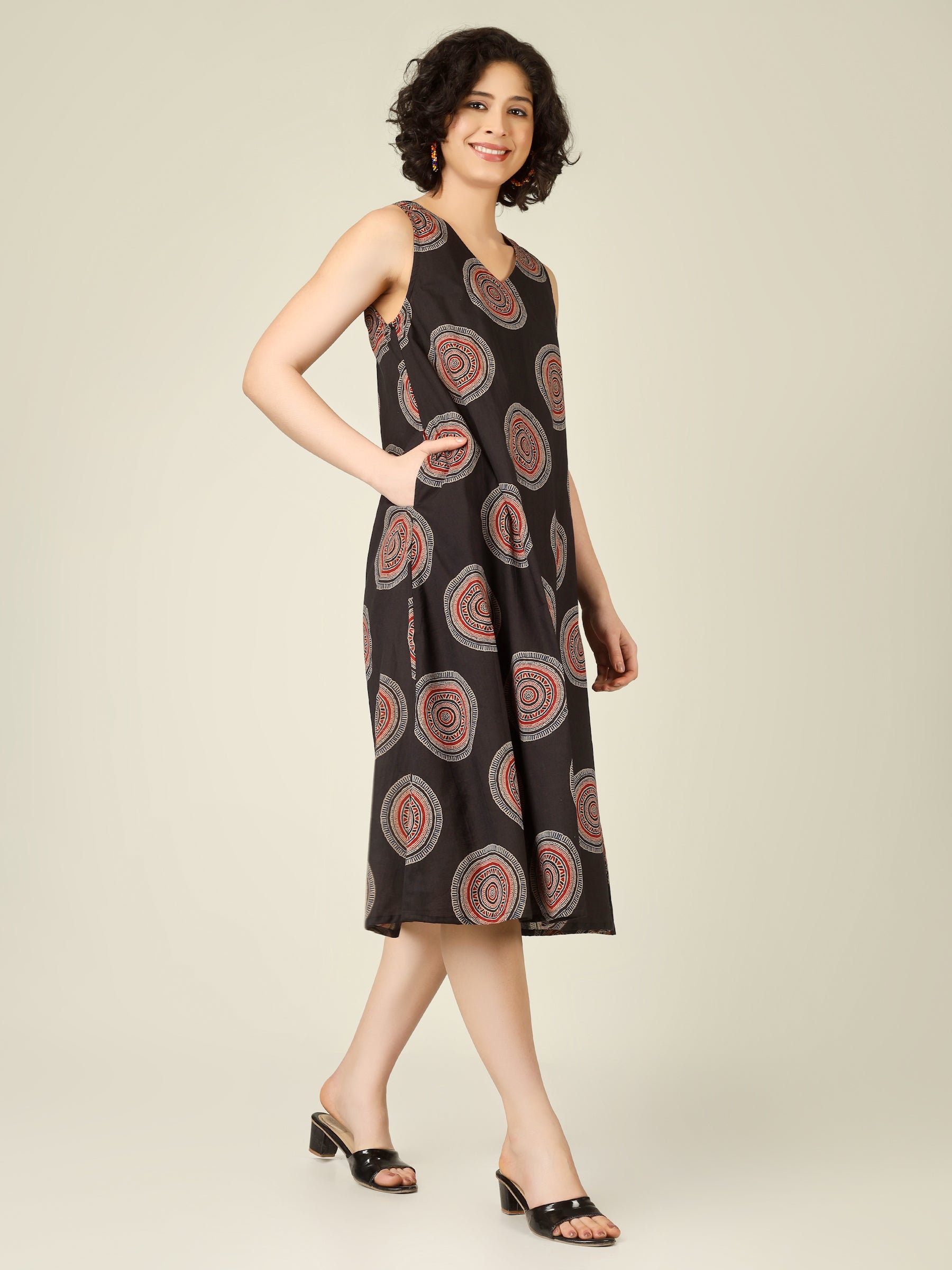 Black Printed V-Neck Sleeveless A-Line Cotton Dress
