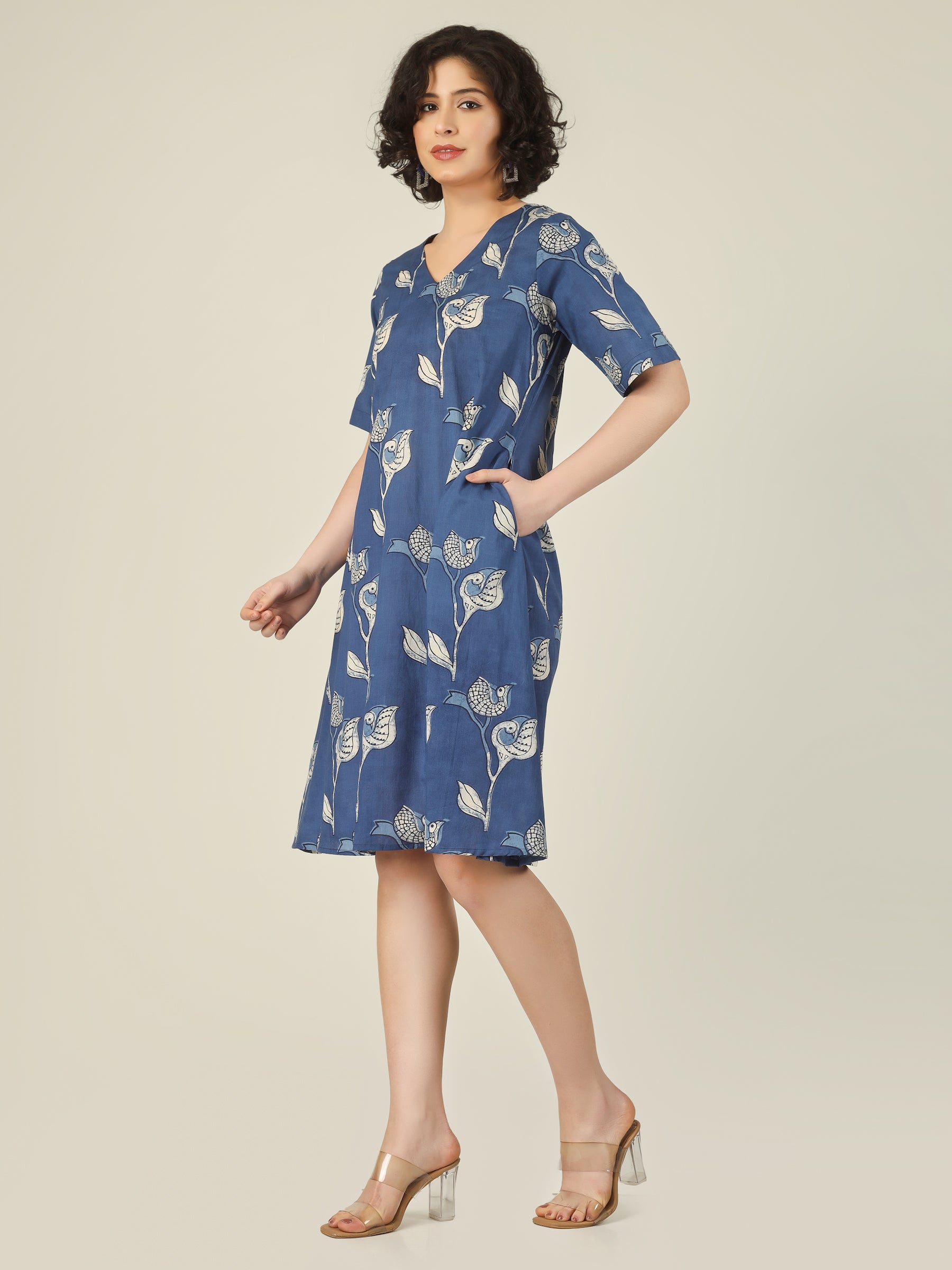 Navy Blue Printed Short A-Line Cotton Dress