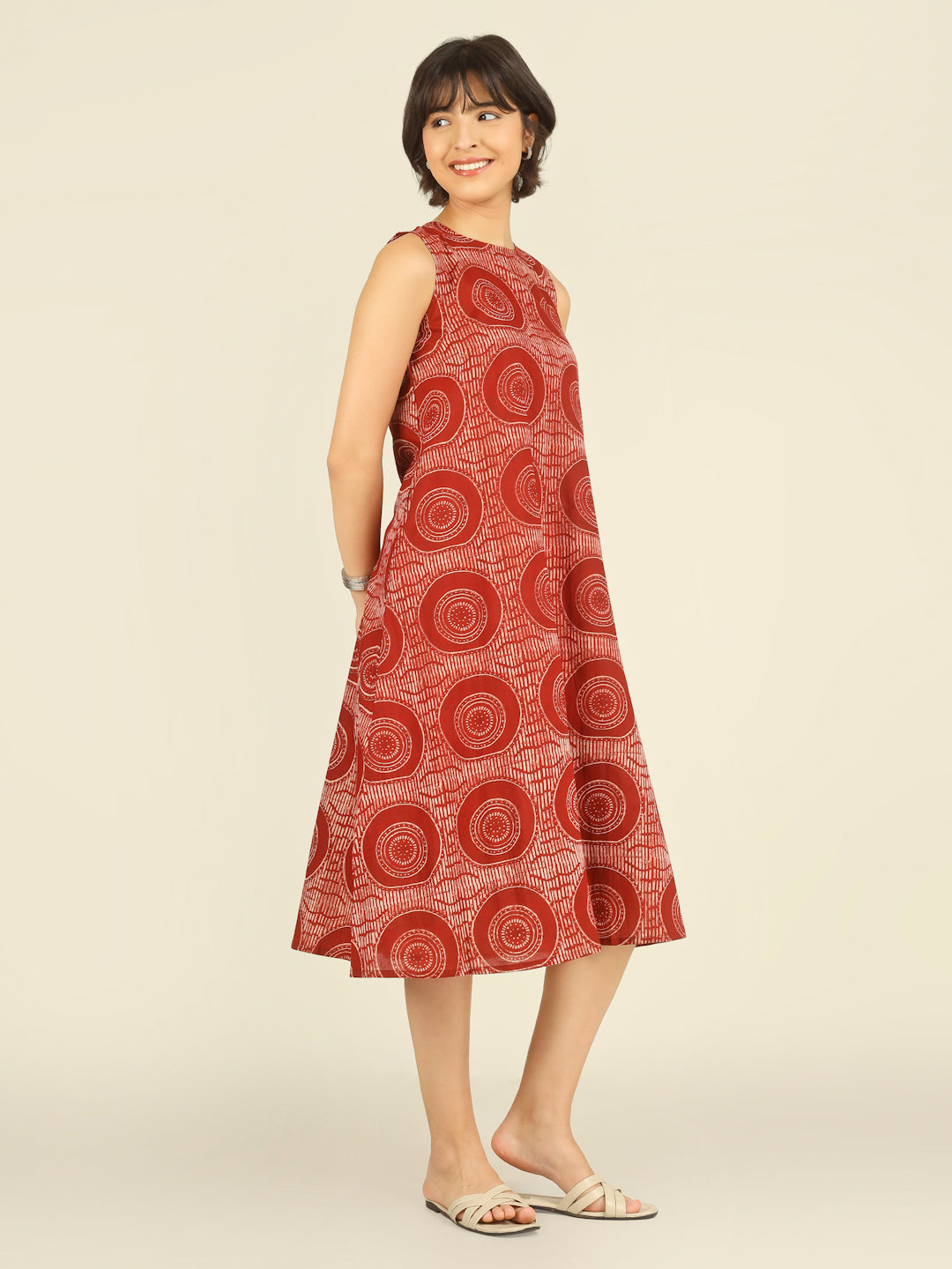 Red Printed Sleeveless A-Line Cotton Dress