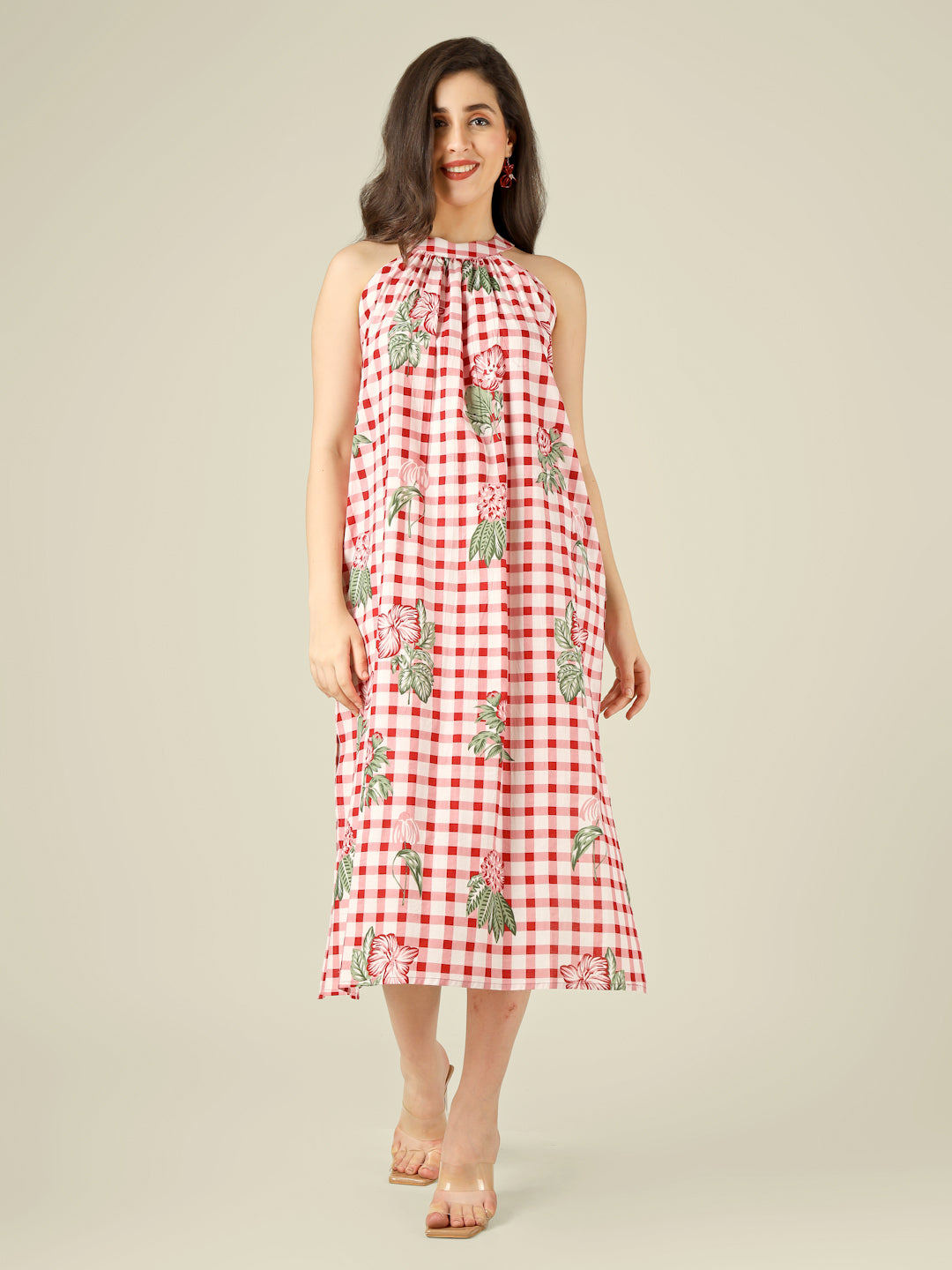 White Checked Halter Neck Long Sleeveless Cotton Dress