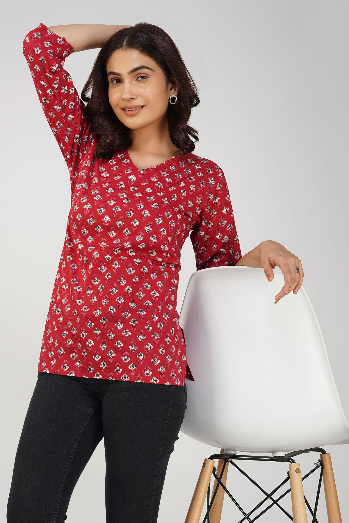 Red Printed V-Neck Cotton Top