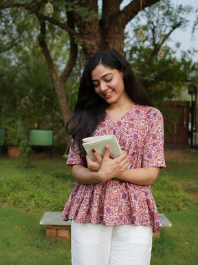 White Printed Half-Sleeve Alia Cut Cotton Top