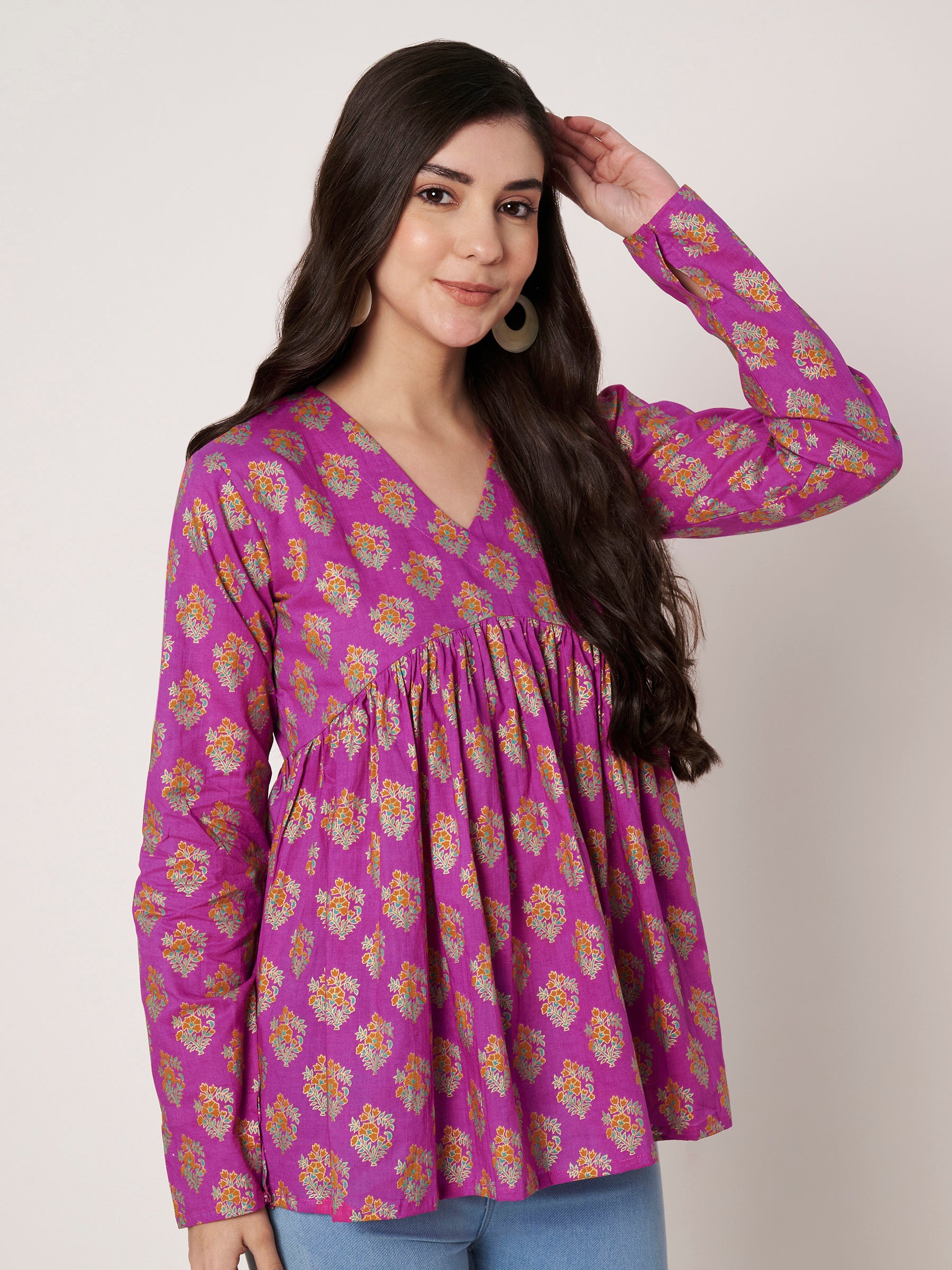 Pink Printed Alia-Cut Cotton Top