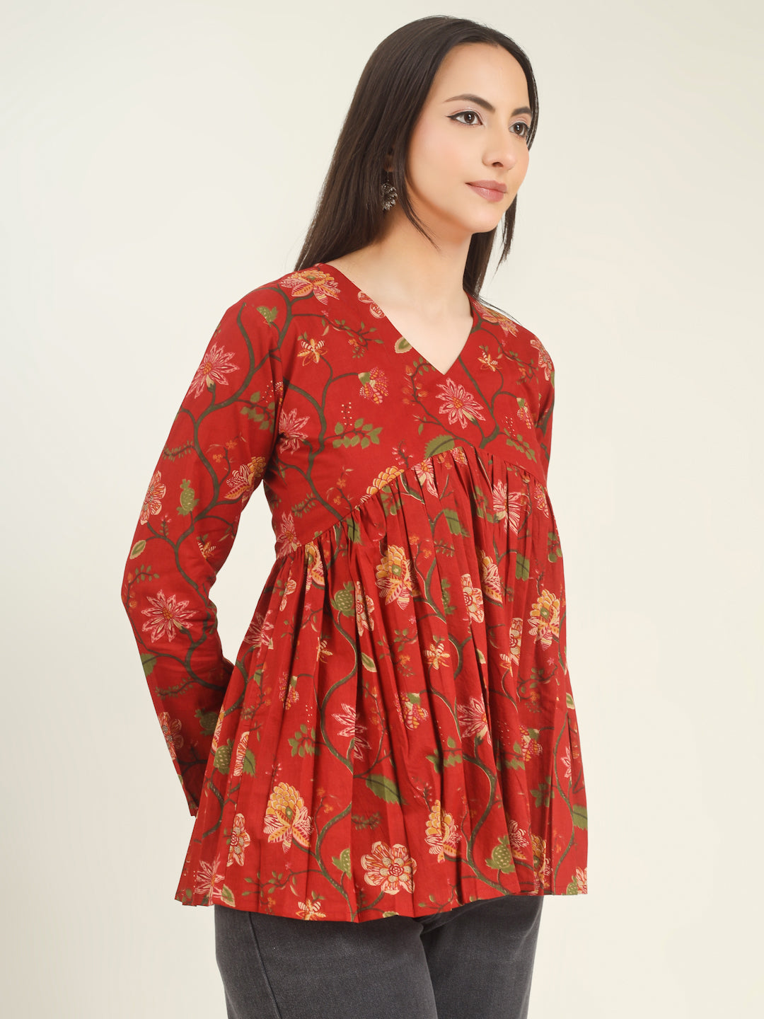 Red Printed Full-Sleeves Alia-Cut Cotton Top