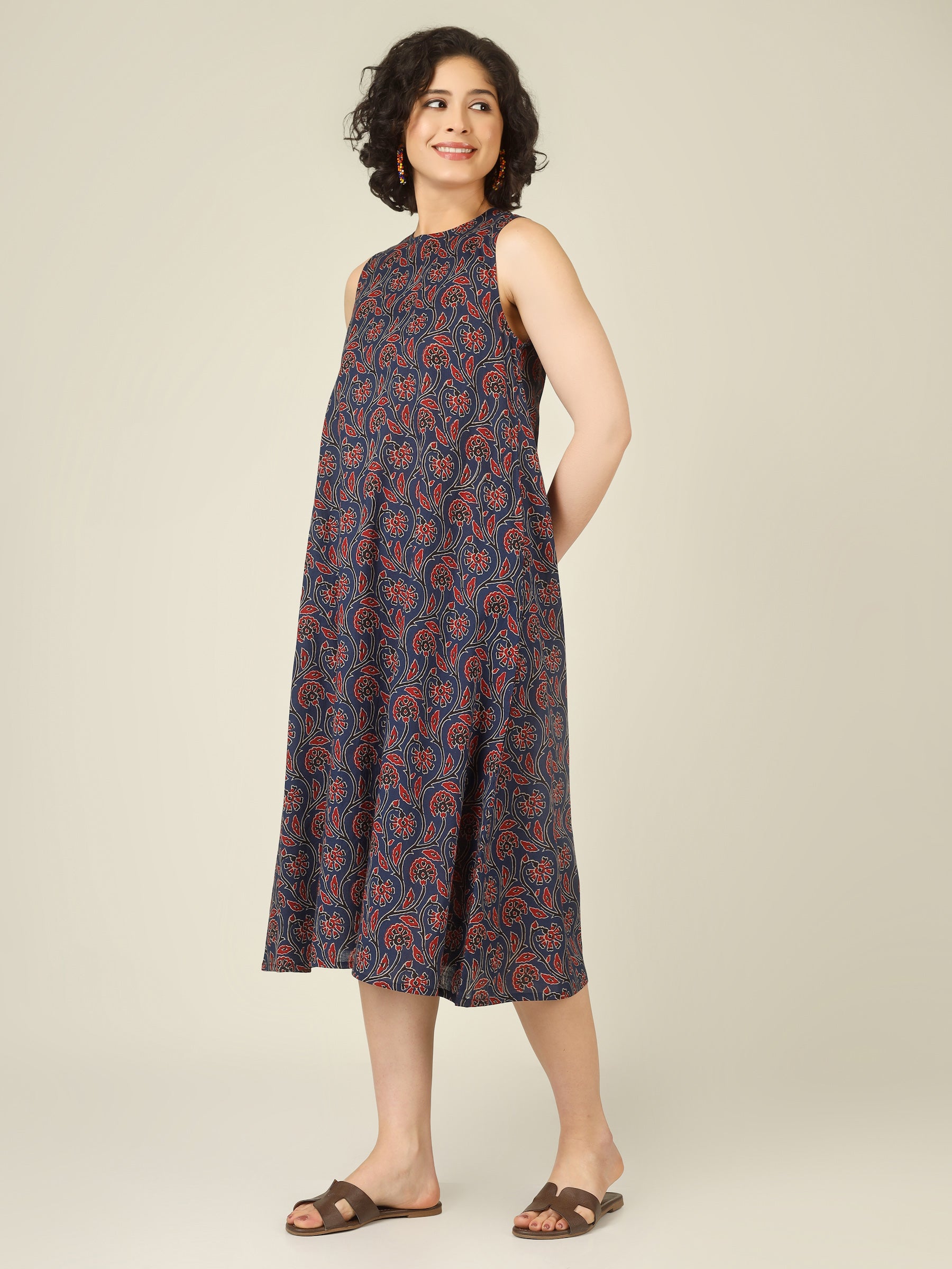 Navy Blue Printed Sleeveless A-Line Cotton Dress