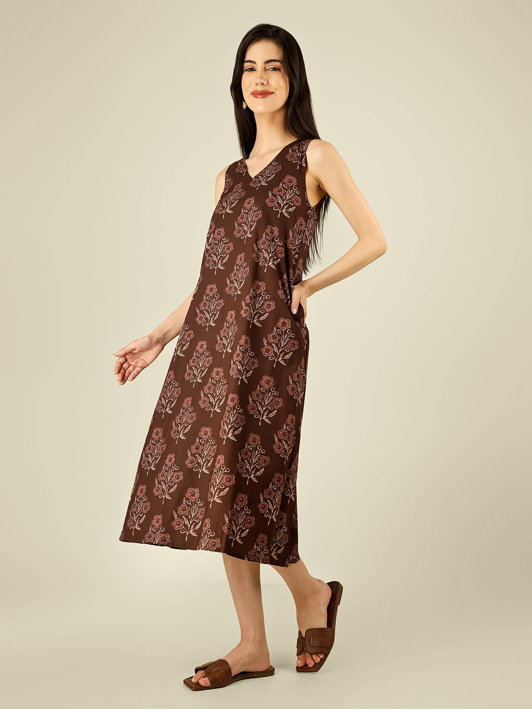 Brown Printed V-Neck Sleeveless A-Line Cotton Dress