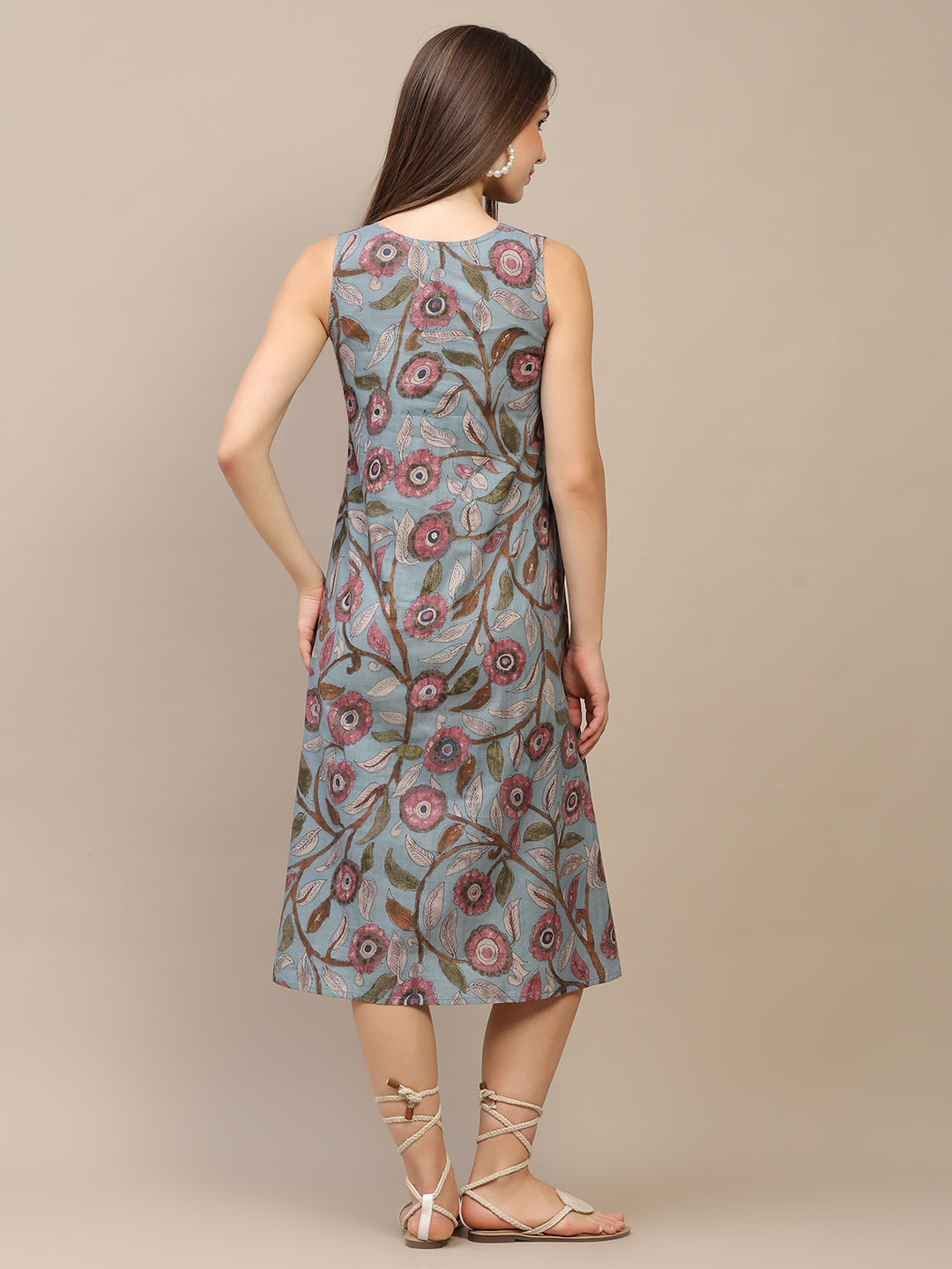 Slate Blue Printed V-Neck Sleeveless A-Line Cotton Dress