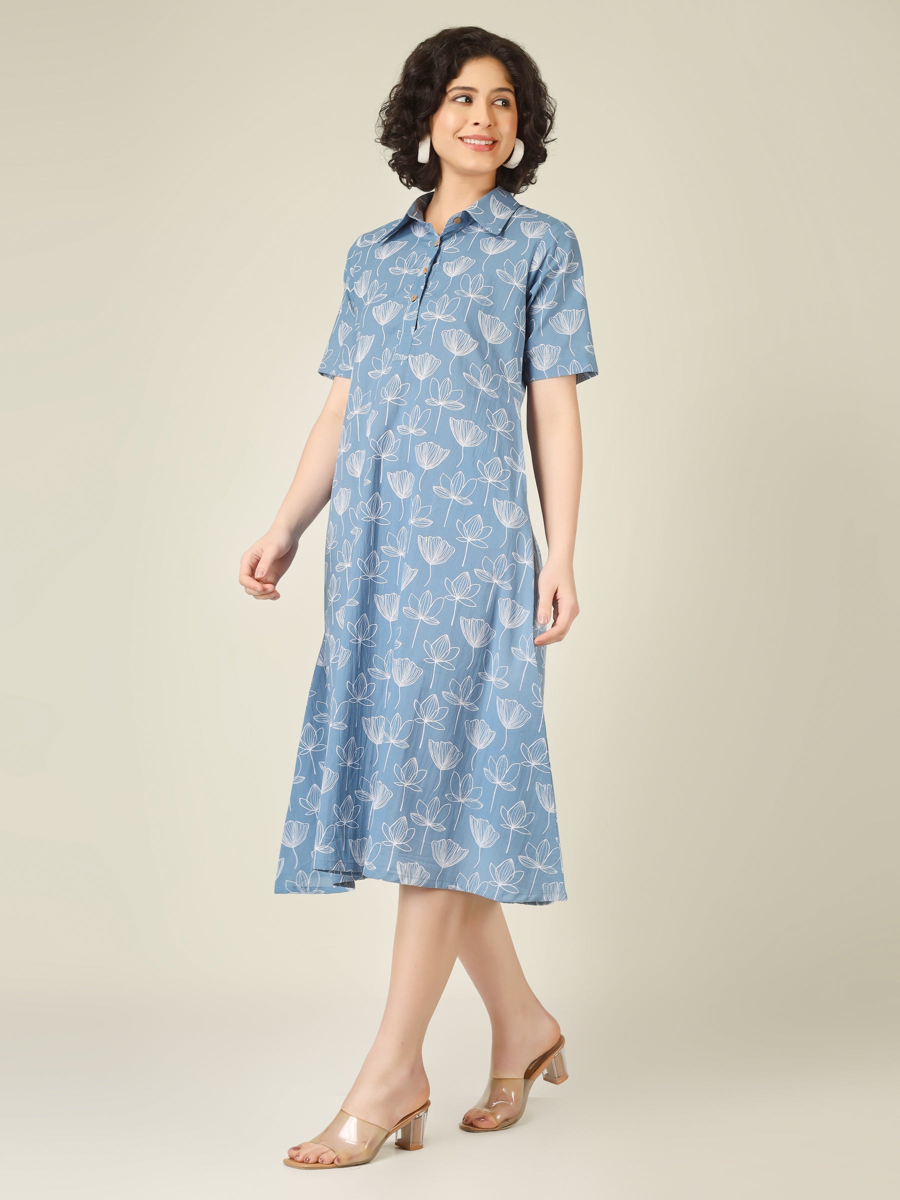 Sky Blue Printed A-Line Cotton Shirt Dress
