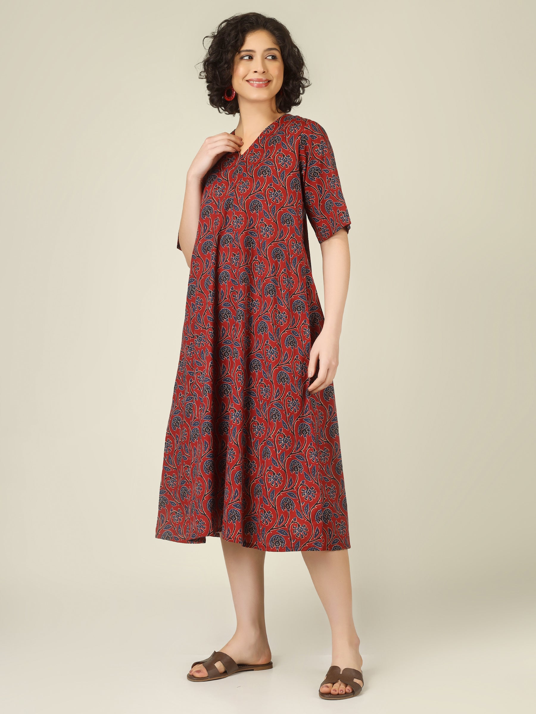 Maroon Printed Half-Sleeve A-Line Cotton Dress