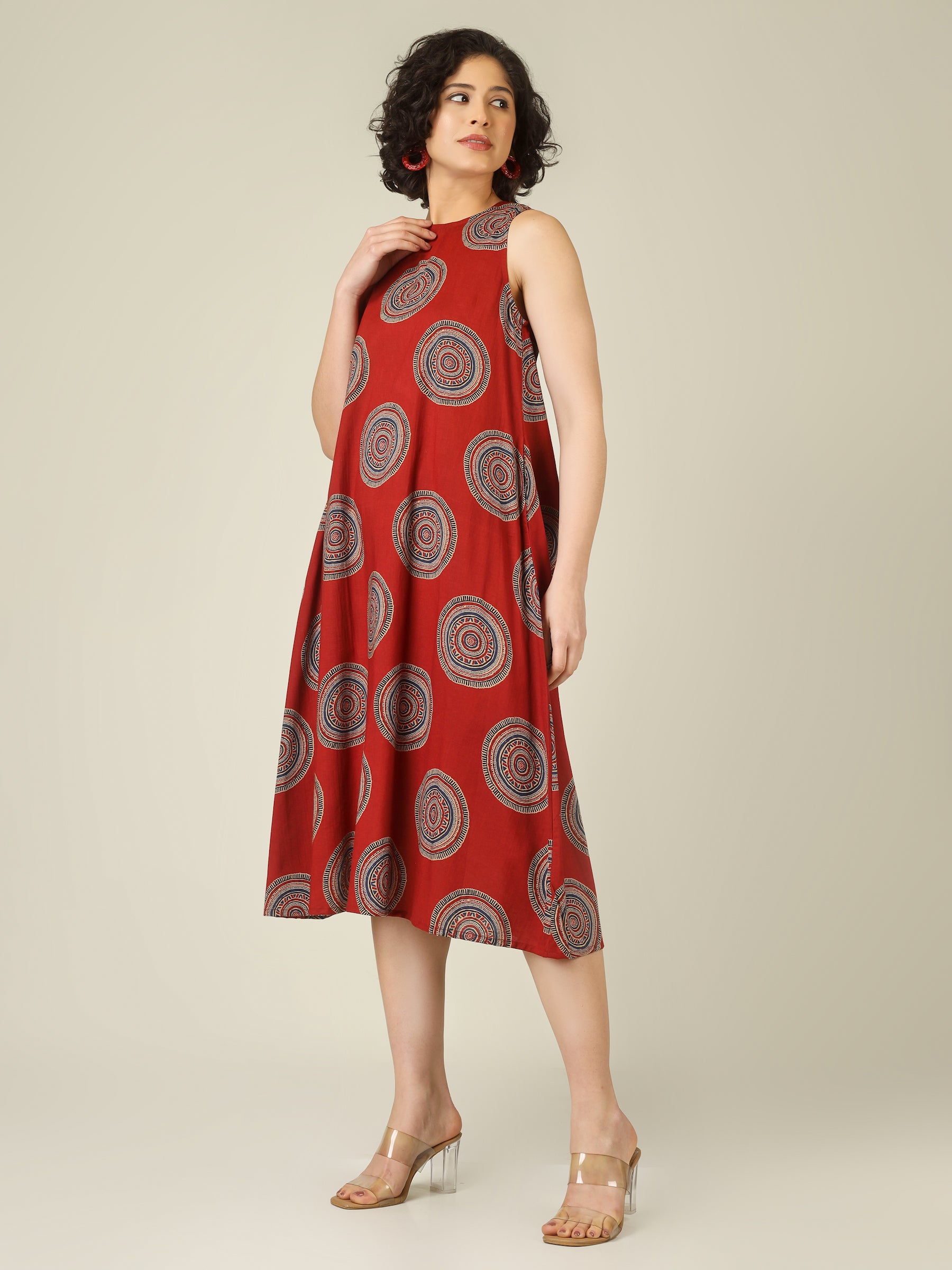 Maroon Printed Sleeveless A-Line Cotton Dress