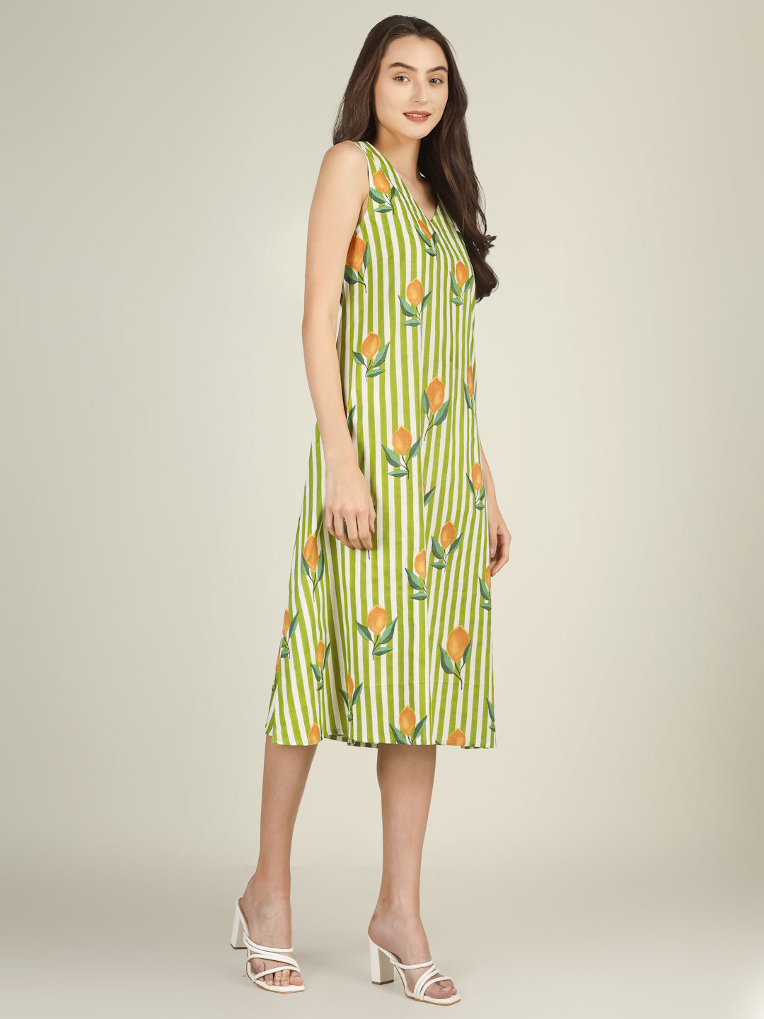 Green Striped V-Neck Sleeveless A-Line Cotton Dress