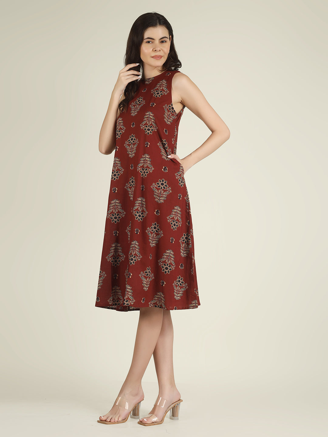 Maroon Printed Sleeveless A-Line Cotton Dress