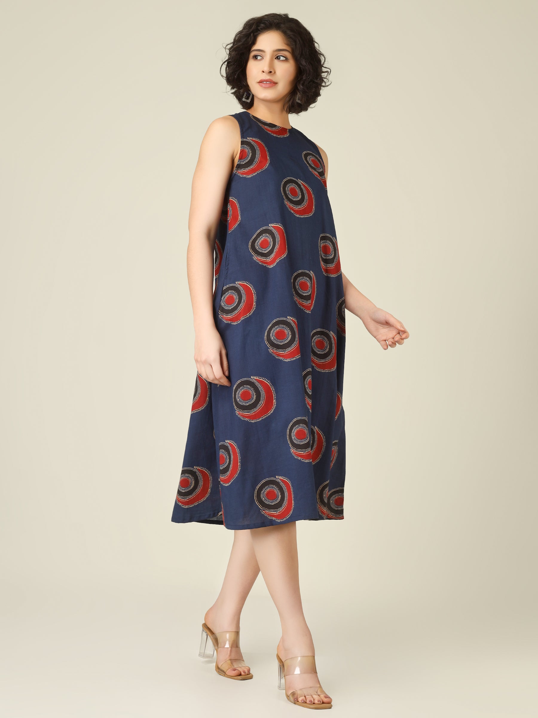 Blue Printed Sleeveless A-Line Cotton Dress