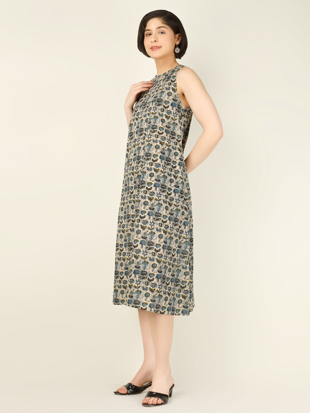 Green Printed Sleeveless A-Line Cotton Dress